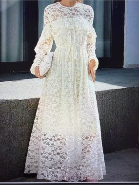 Ivory Lace Long Sleeve Maxi Dress - Romantic Bridal Style